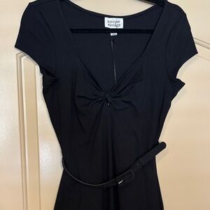 Unique Vintage Black Sweetheart Stretch Knit Pencil Dress with knot front & belt